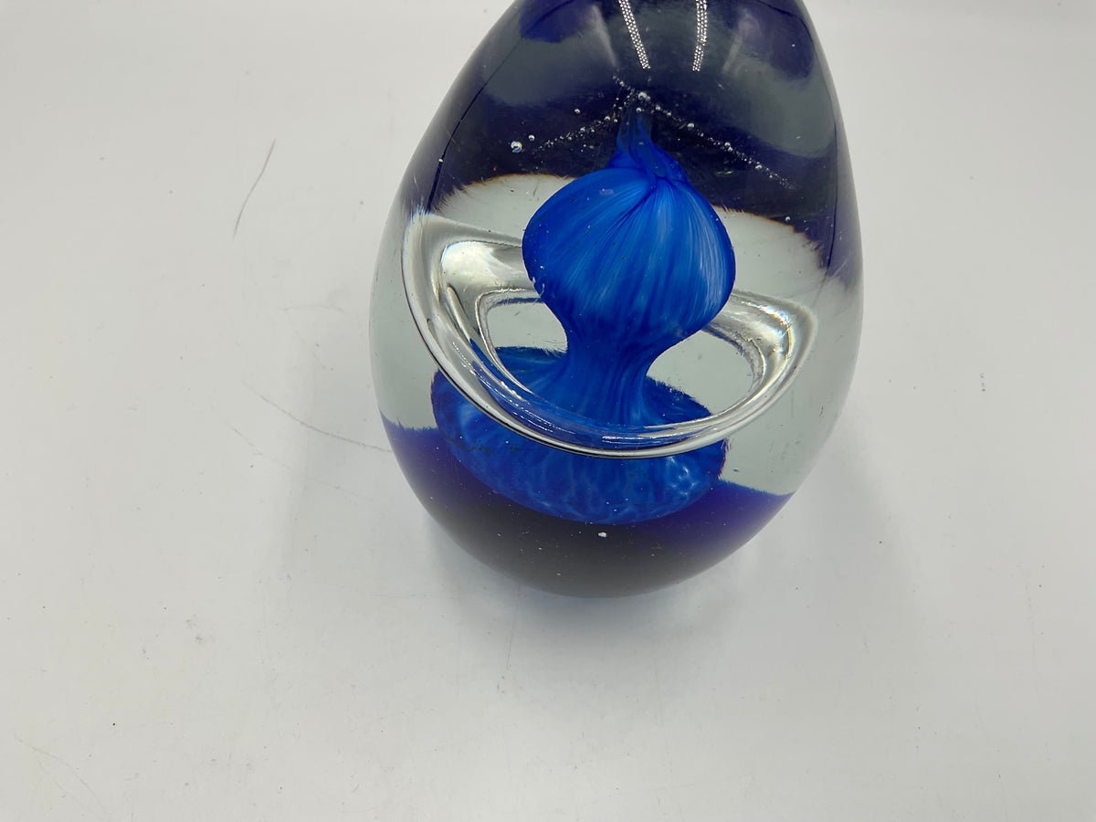 Bohemia Style Cobalt Blue Art Glass Egg Paperweight Clear Swirl