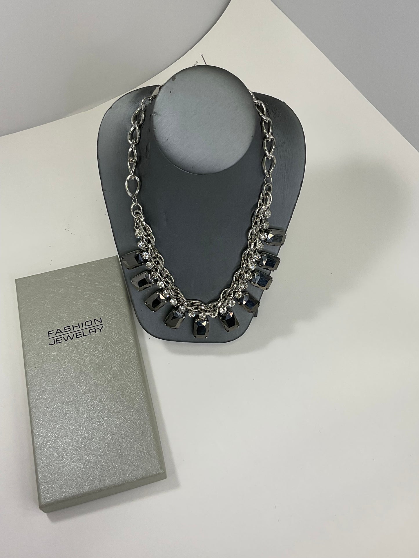 Silver Necklace with Emerald Cut Black Gems and Small White Gems Diamond Cut Pearl+Club crystal 12-blue