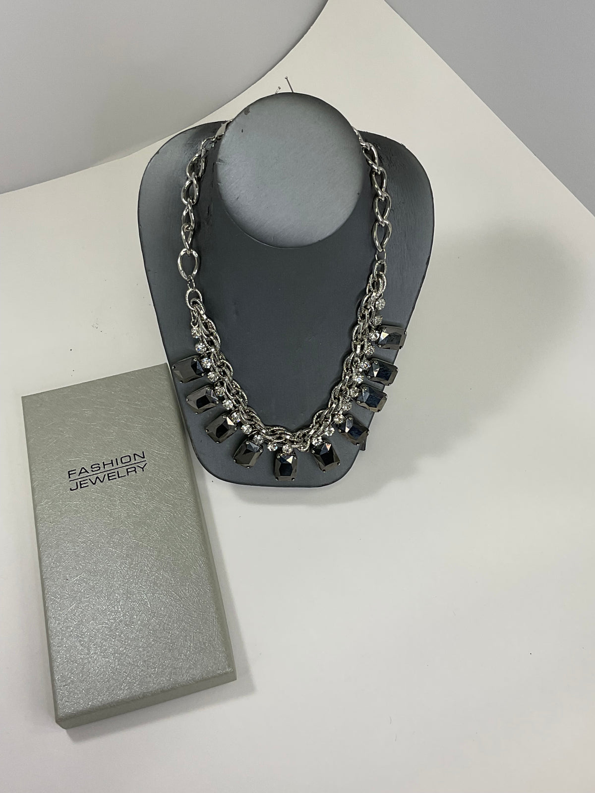 Silver Necklace with Emerald Cut Black Gems and Small White Gems Diamond Cut Pearl+Club crystal 12-blue