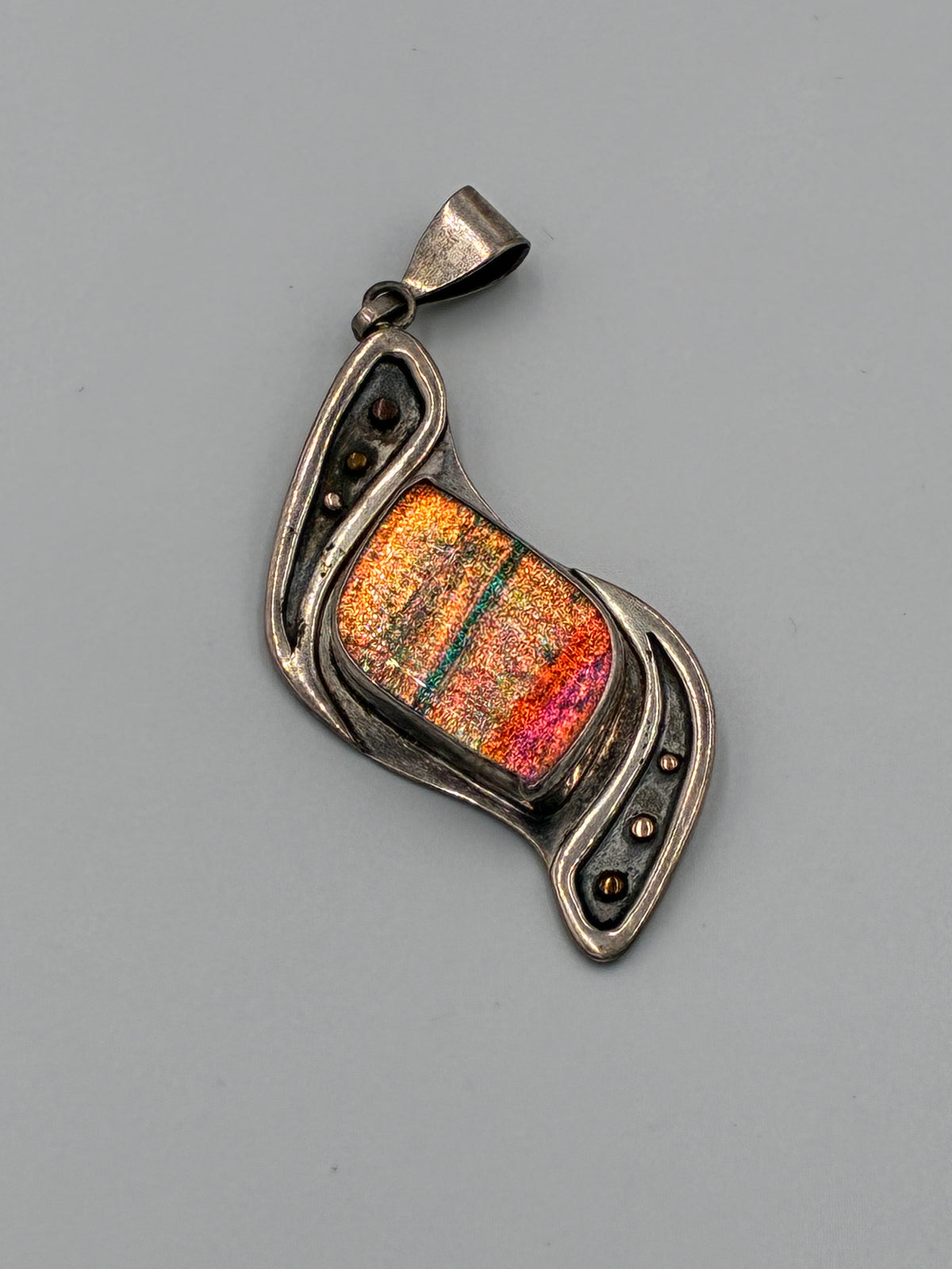 Artisan Dichroic Fused Glass Pendant 14K Gold Sterling Signed CRC As-Is