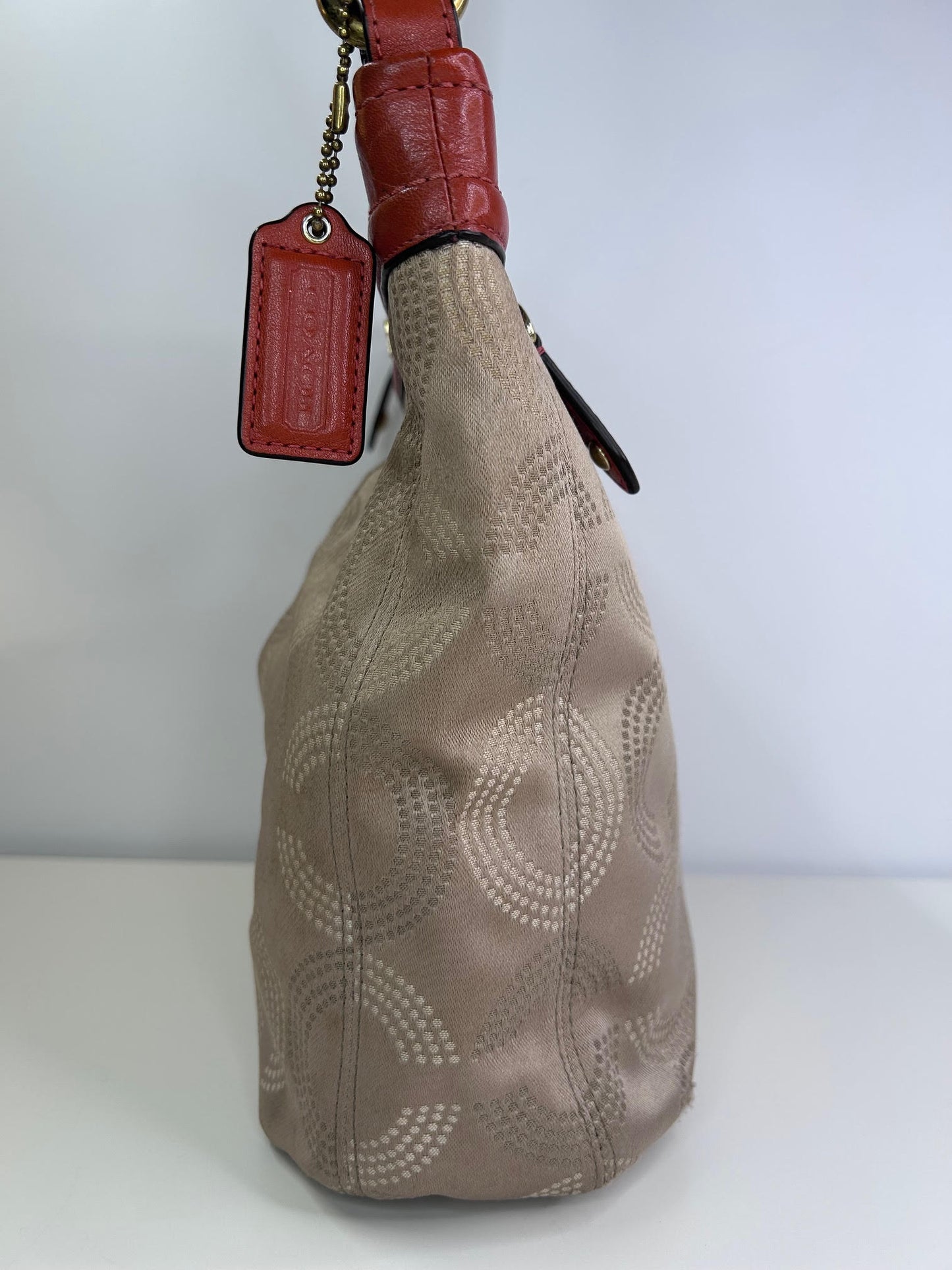 Coach Ashley Op Art Dotted Shoulder Bag Tan with Orange/Salmon Leather Accent