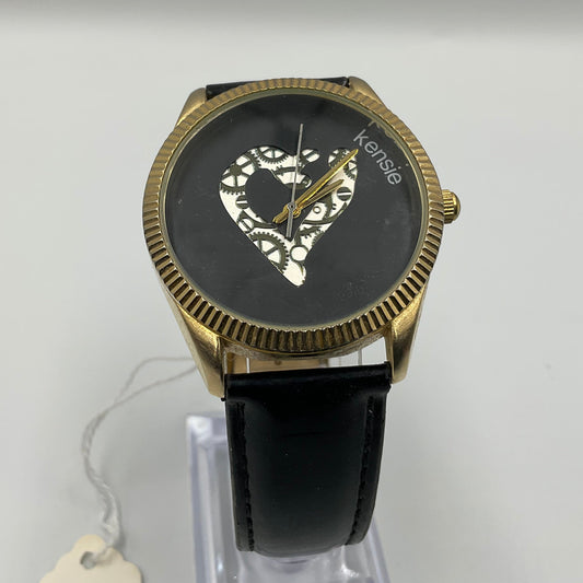 Kensie Heart Gear Design Goldtone Watch Black Leather Band Japan Mvmt
