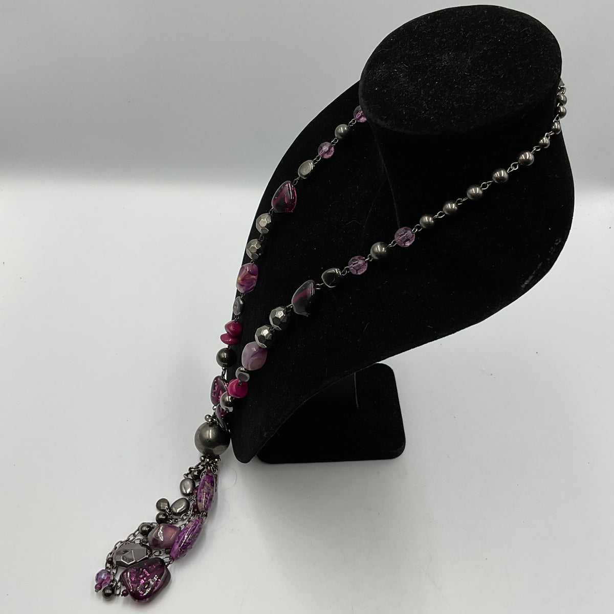Purple Stone and Bead Chain Necklace