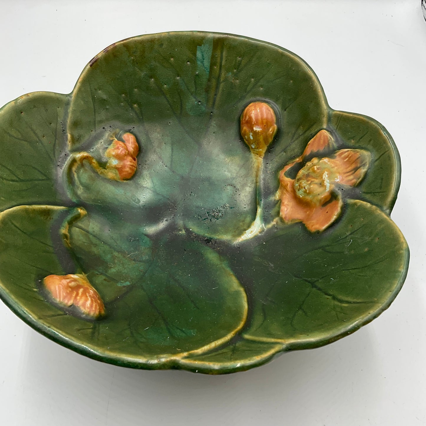 Antique Majolica Lily Pad & Flower Bowl