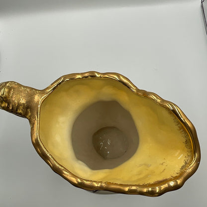 Vintage Yellow Porcelain Pitcher Vase with Goldtone Trim