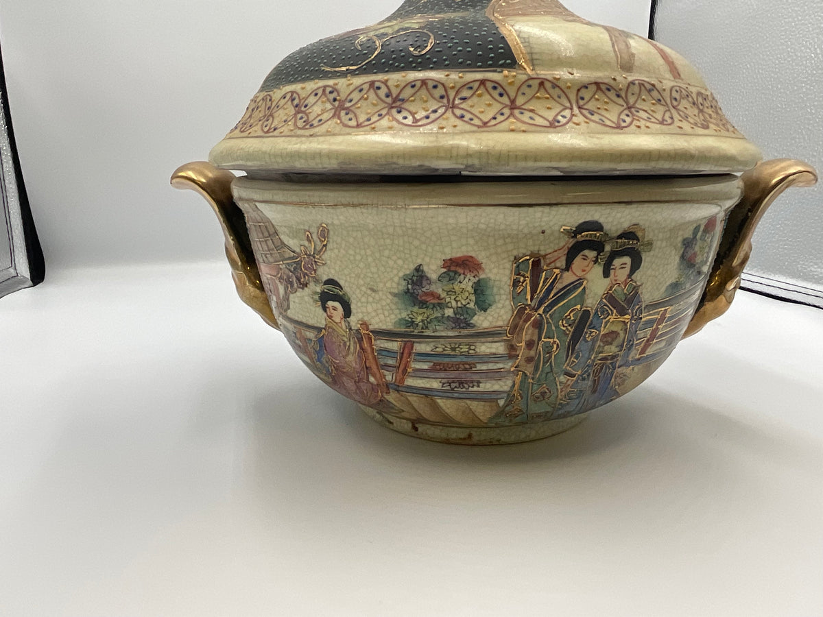 vintage Japanese Satsuma style earthenware covered tureen or casserole dish