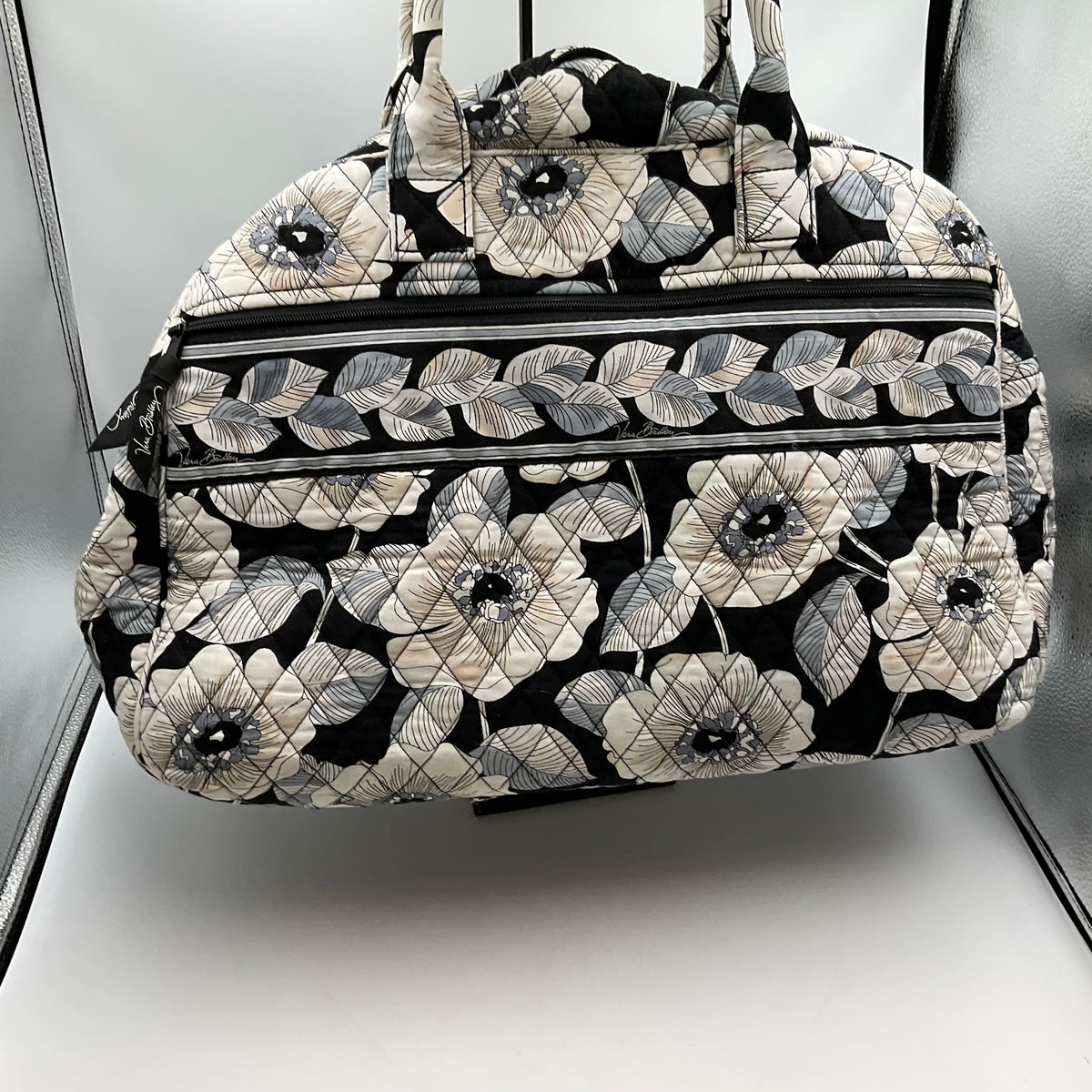 Vera Bradley Large Duffel Bag Black With White/Tan Flowers