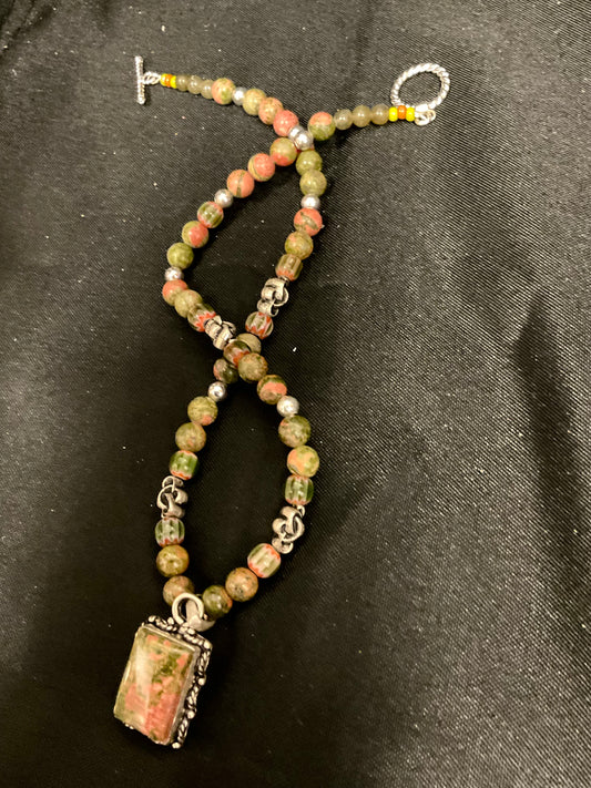 Multicolored Beaded Necklace with Rectangle Framed Pendant