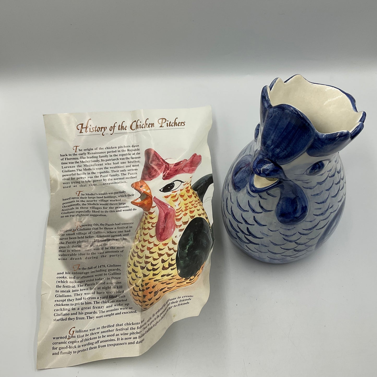 Vintage Blue And White Ceramic Chicken Pitcher