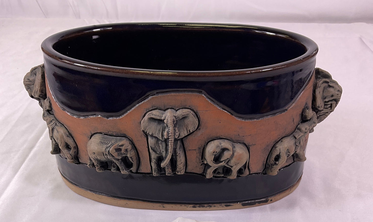 Leland G Shaw Studio Artist Signed High Relief Terra Cota Art Hand-Sculpted Elephants Warriors Planter Pot