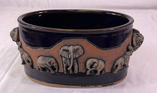 Leland G Shaw Studio Artist Signed High Relief Terra Cota Art Hand-Sculpted Elephants Warriors Planter Pot