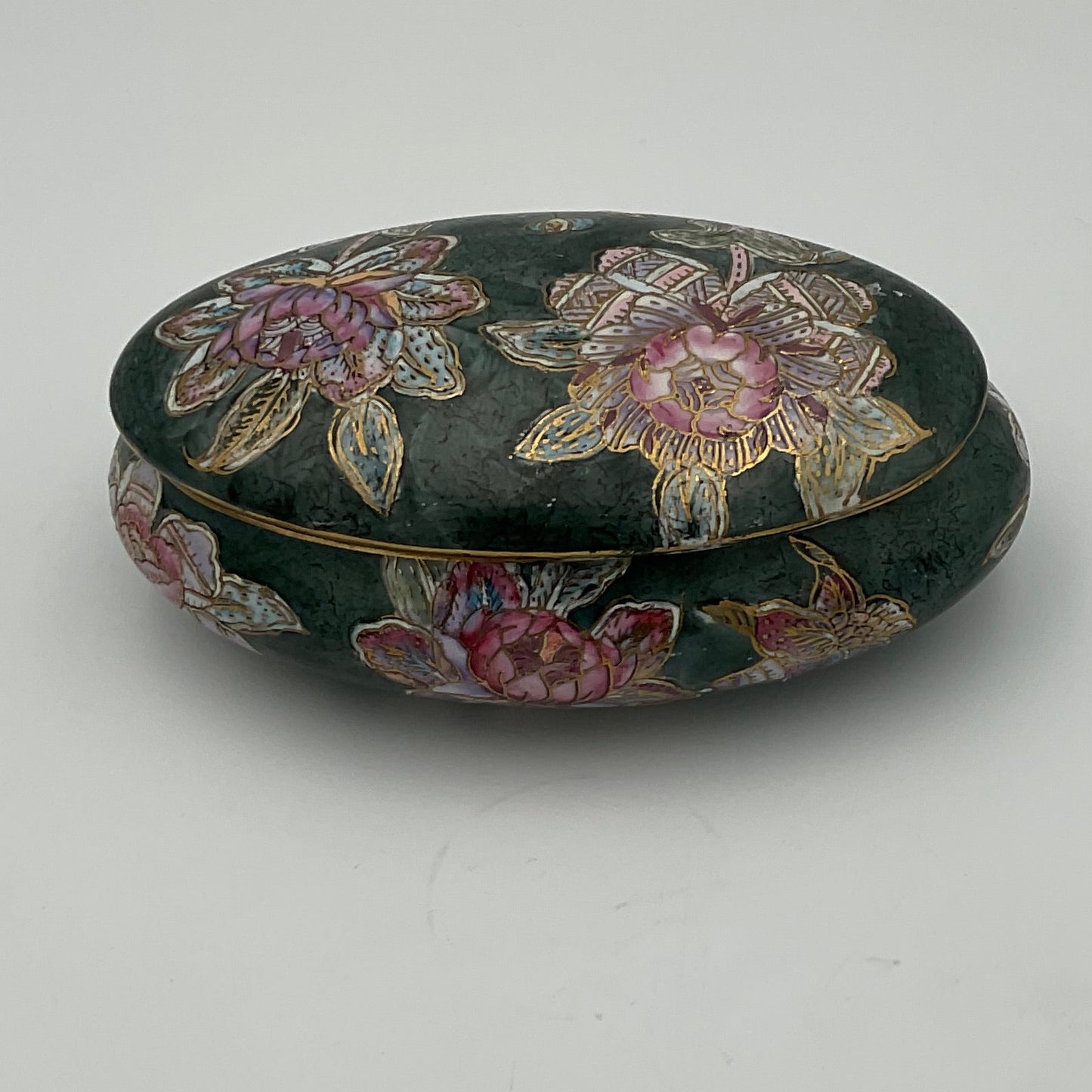 Vintage Antique Asian Hand Painted Oval Chinoiserie Ceramic Trinket Box