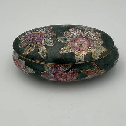 Vintage Antique Asian Hand Painted Oval Chinoiserie Ceramic Trinket Box