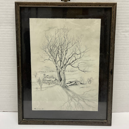 Mary Koski Artist Vintage 1966 Framed Pencil Art Sketch Winter Farm