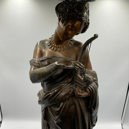 Painted Bronze Neoclassical Sculpture Lady with Lyre
