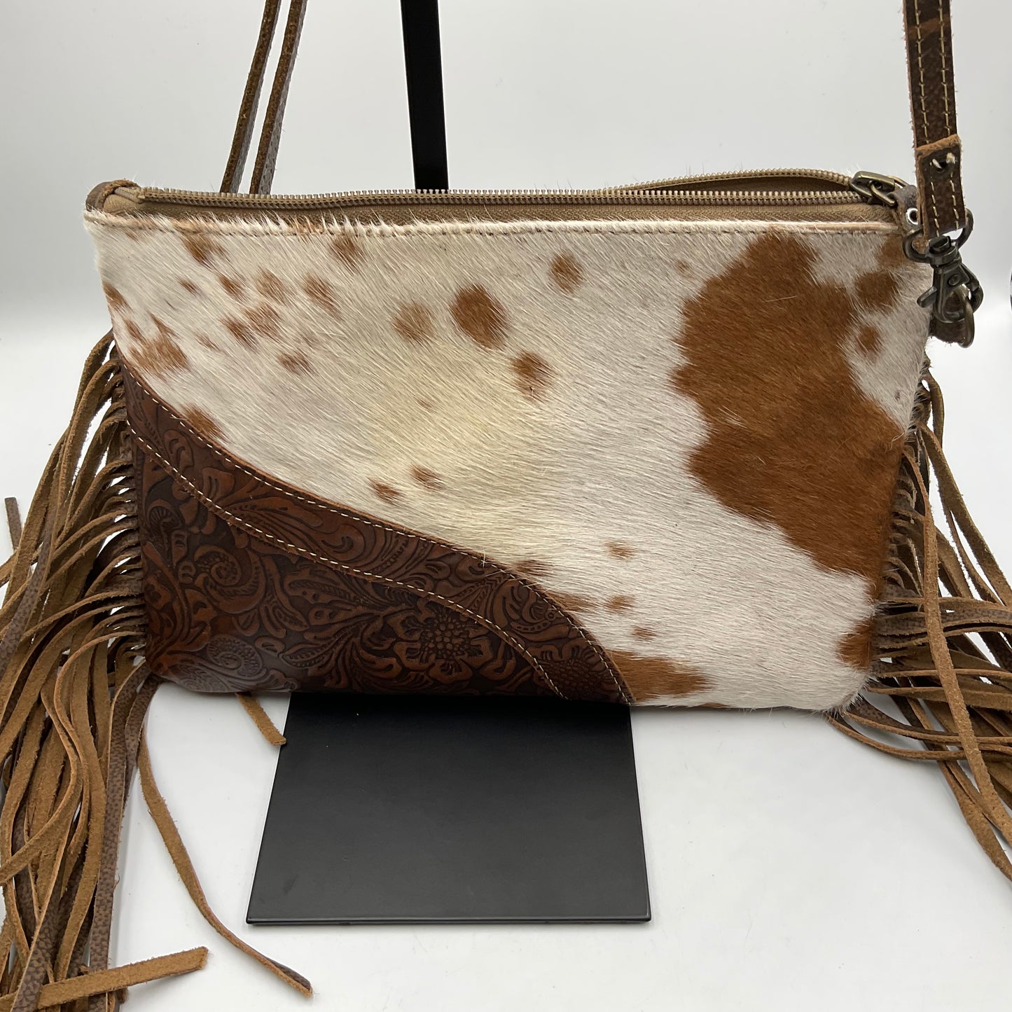 Myra Bag Cowhide White and Brown over the Shoulder Crossbody Purse.