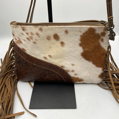 Myra Bag Cowhide White and Brown over the Shoulder Crossbody Purse.