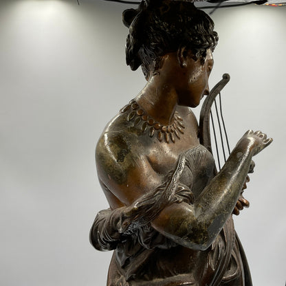 Painted Bronze Neoclassical Sculpture Lady with Lyre