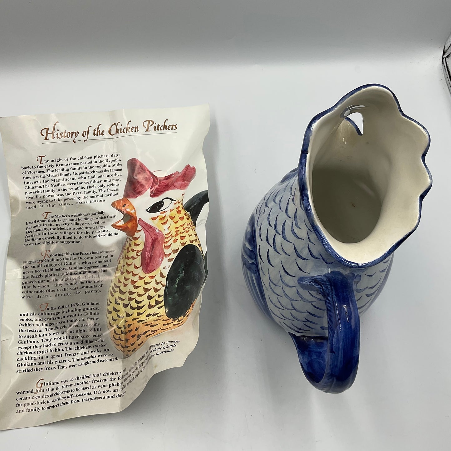 Vintage Blue And White Ceramic Chicken Pitcher