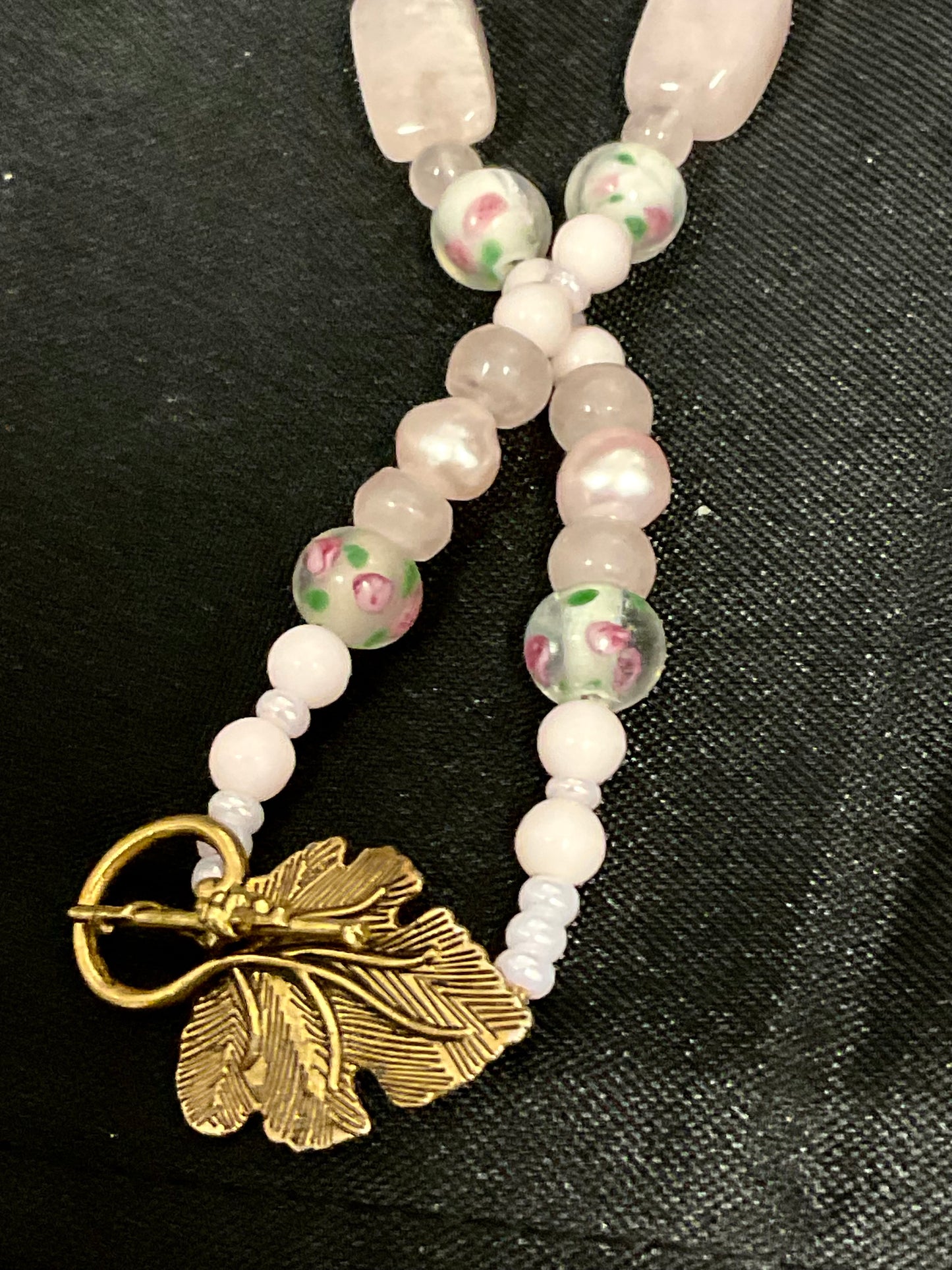 Pink Beaded Necklace with Leaf clasp and Pink Pendant