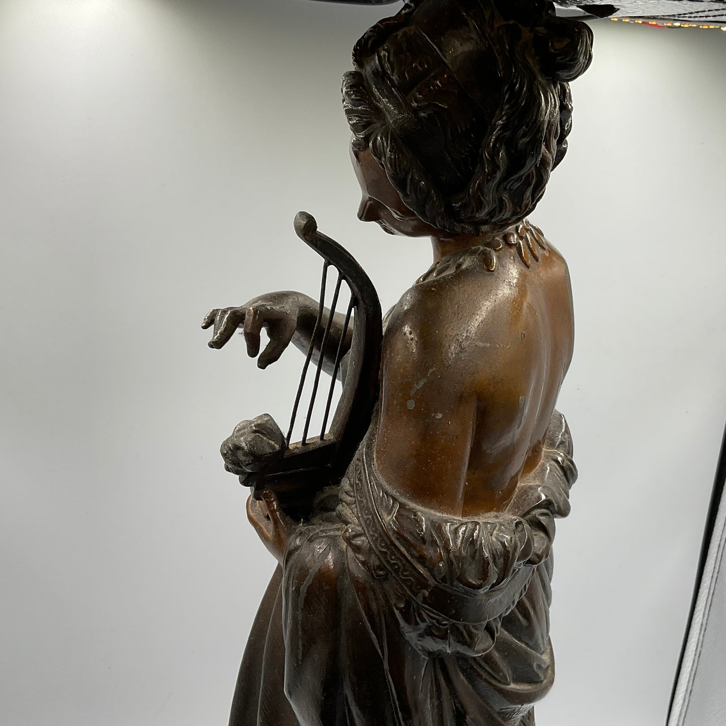 Painted Bronze Neoclassical Sculpture Lady with Lyre
