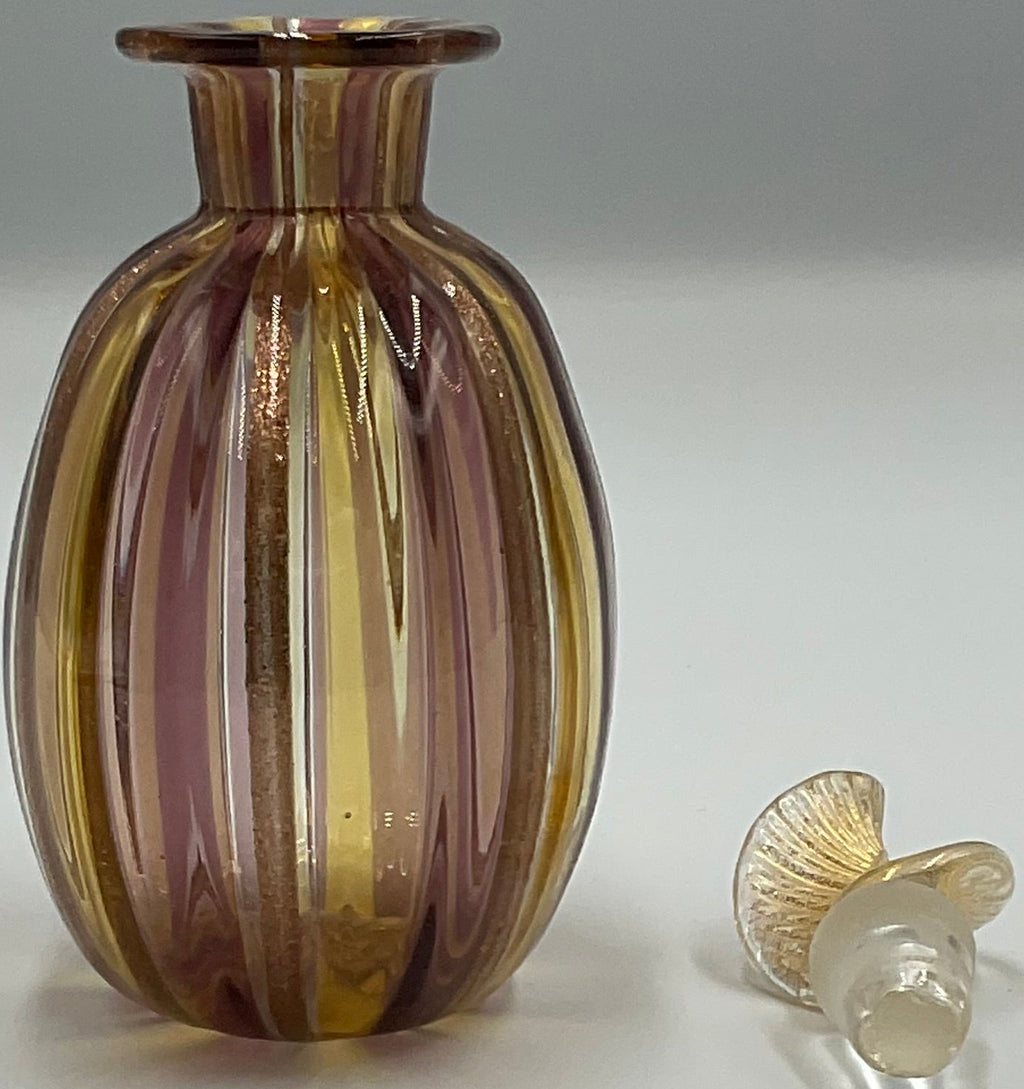 Murano Style Striped Art Glass Bottles Gold Aventurine Stoppers Set of 2