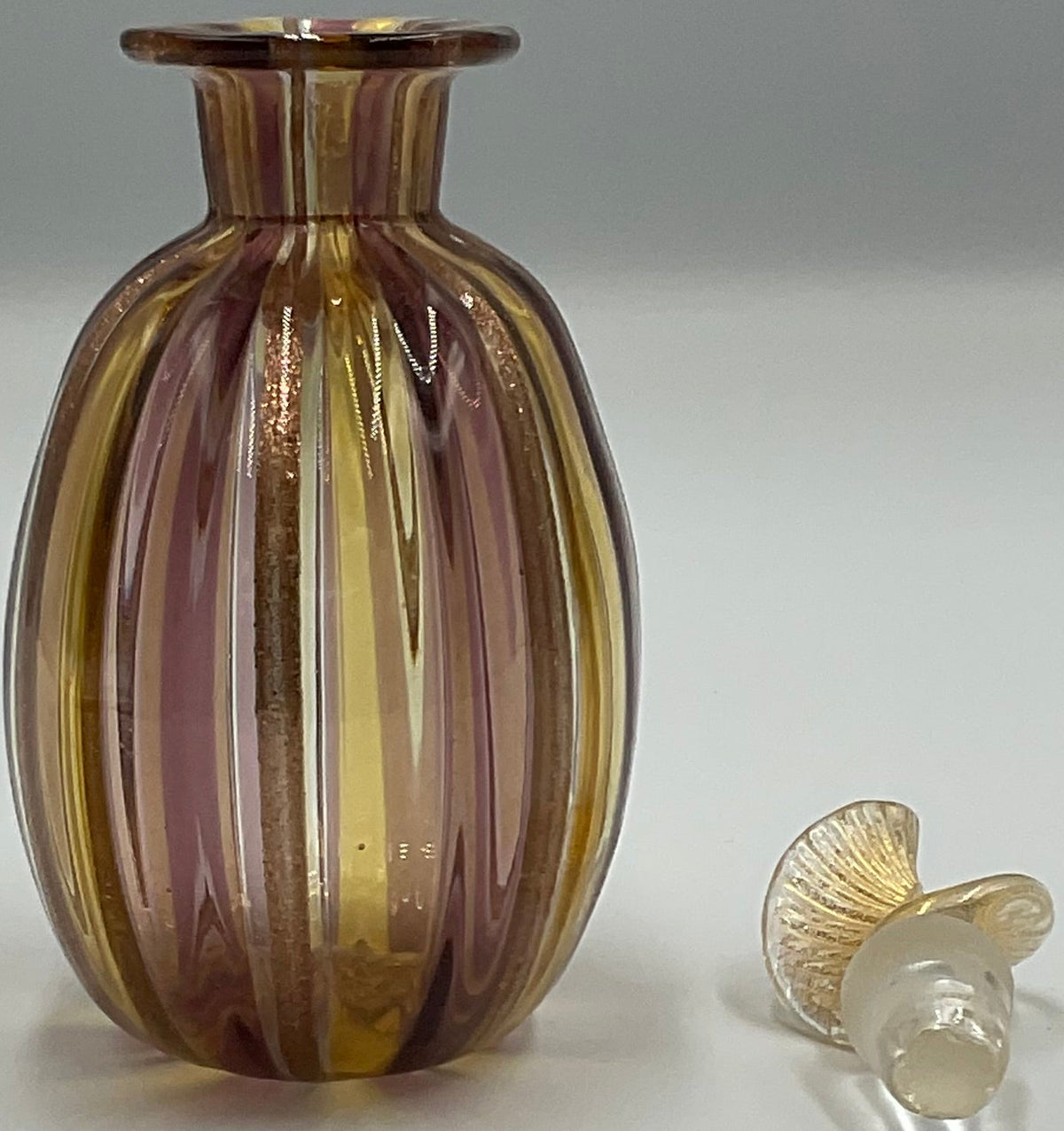 Murano Style Striped Art Glass Bottles Gold Aventurine Stoppers Set of 2