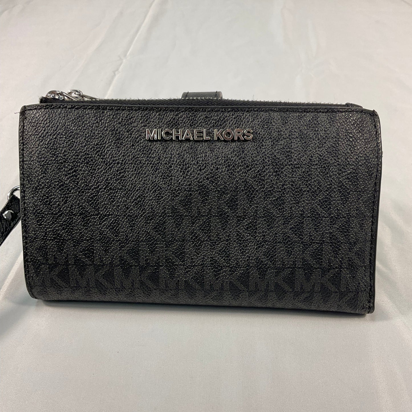 Michael Kors Signature Logo Double Sided Black Leather Zipper Clutch Wallet Carrier