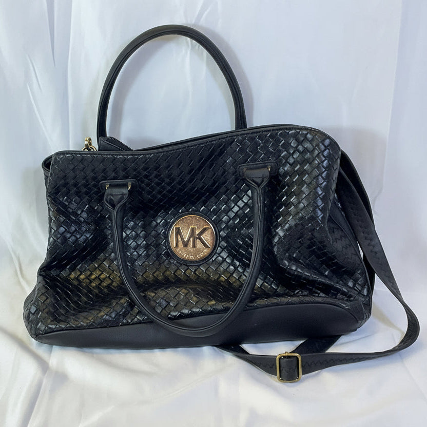 Michael Kors Large Black Leather Cross Weave Satchel Tote Handbag
