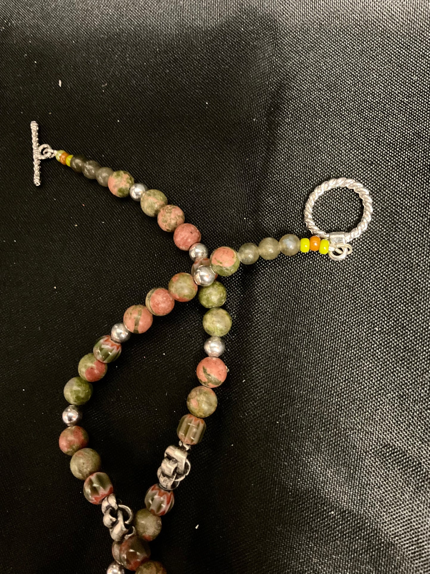 Multicolored Beaded Necklace with Rectangle Framed Pendant