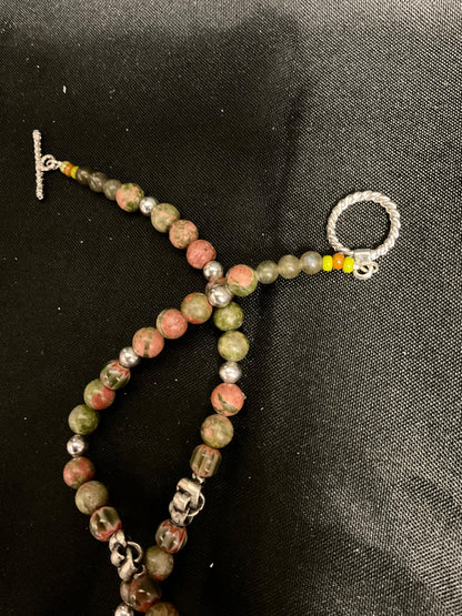 Multicolored Beaded Necklace with Rectangle Framed Pendant