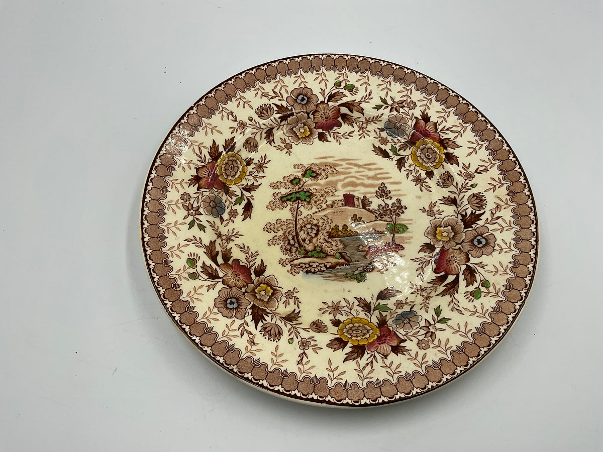 Vintage Ridgeway Windsor England Transferware Dinner Plate Floral Scenic Brown