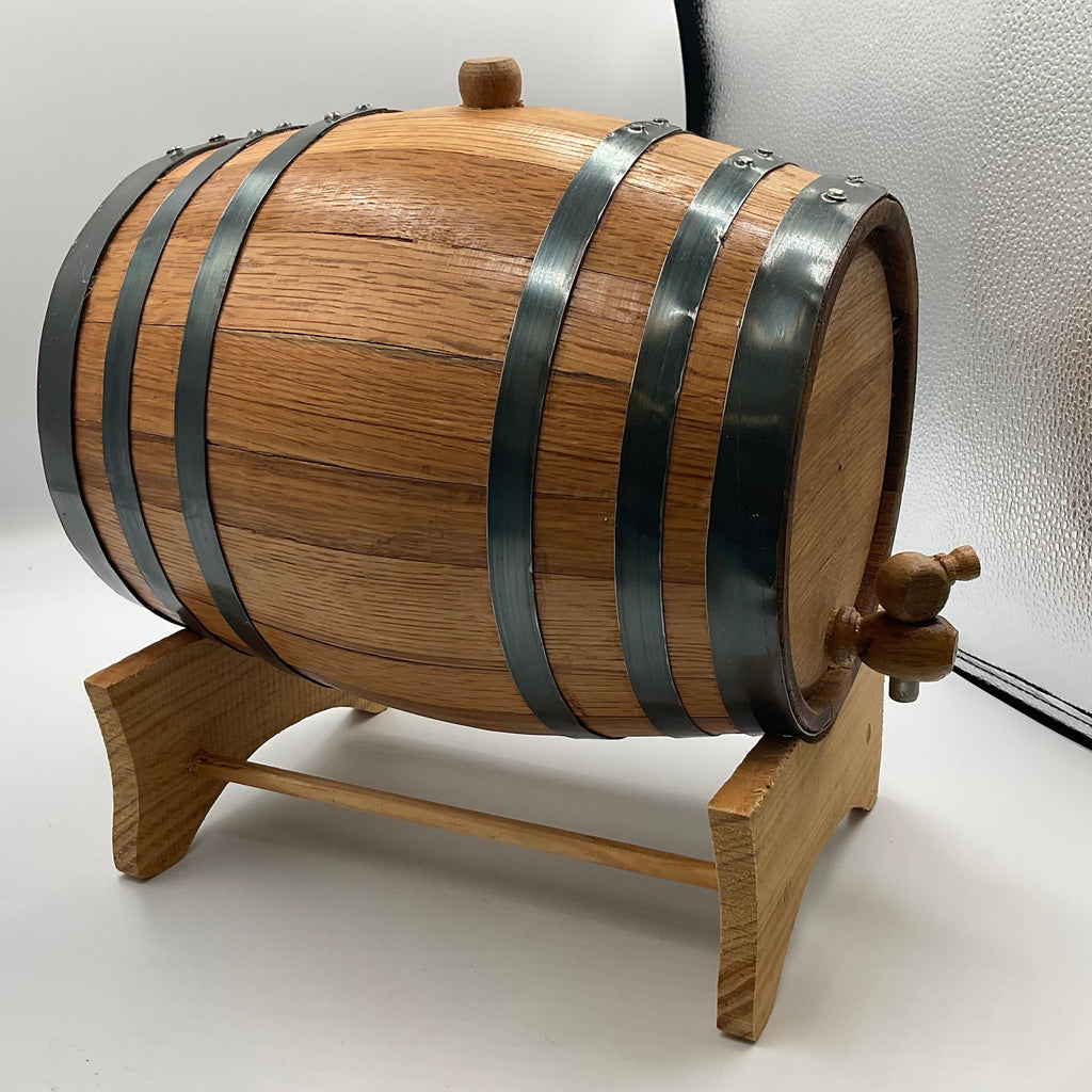 Miniature White Oak Wine Whiskey Barrel 2 Liter Dispenser with Wooden Stand and Spigot
