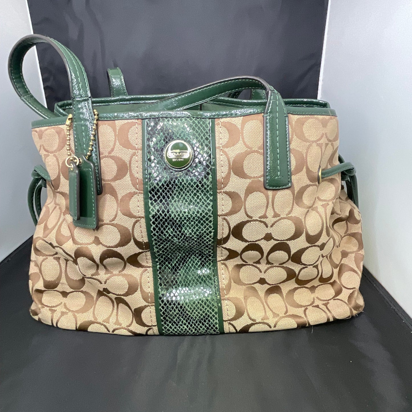 Coach Signature Python Striped Carryall Green Tote Bag
