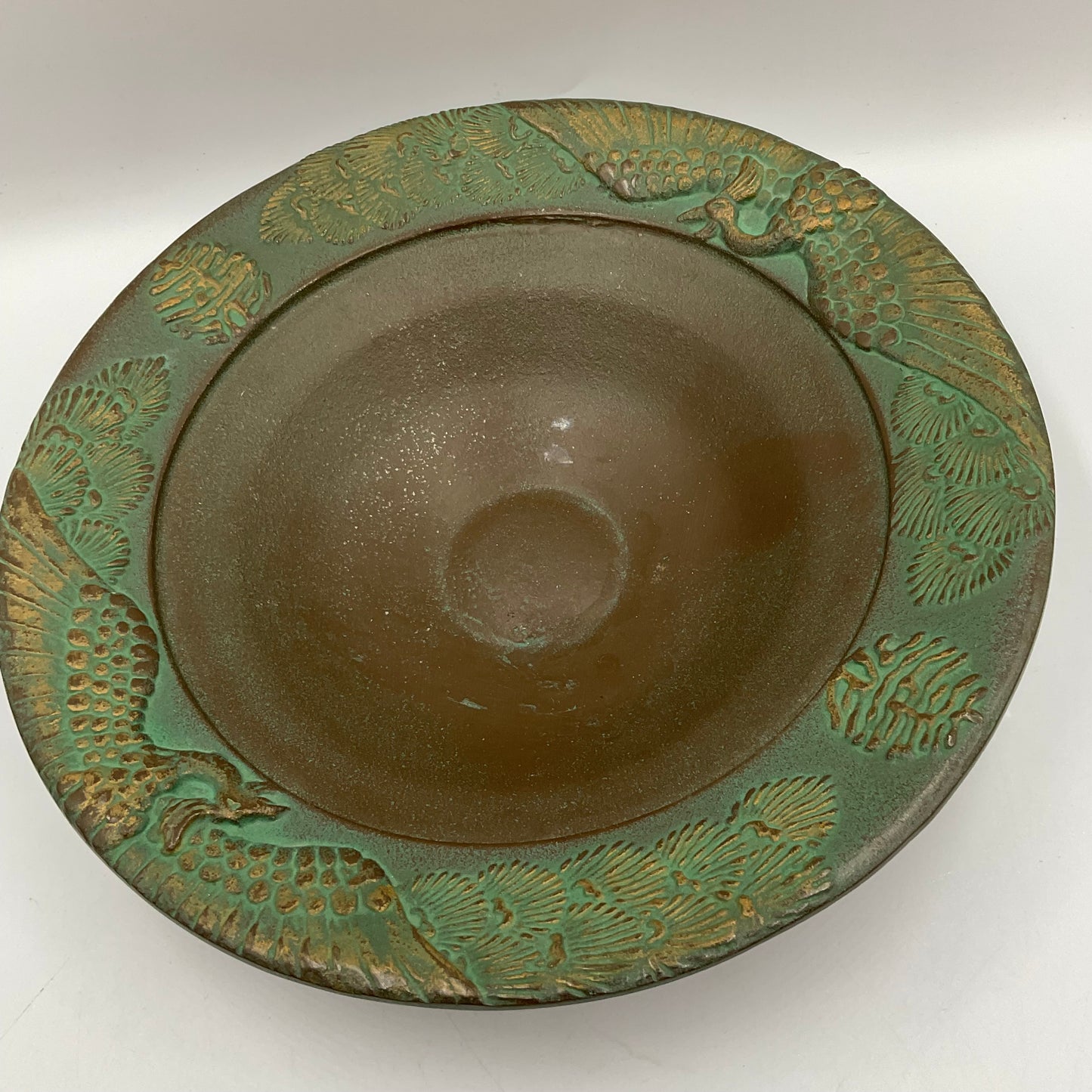 Japanese Cast Iron Incense Bowl With Peacock & Calligraphy Designs