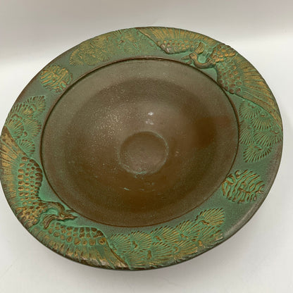 Japanese Cast Iron Incense Bowl With Peacock & Calligraphy Designs