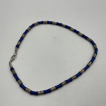 Blue and Silvertone Tube Shaped Beads Fashion Jewelry Necklace