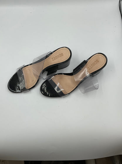 Schutz Victorie Clear Vinyl Double Strap Block Heel Slide Sandals Black Size 8.5 B