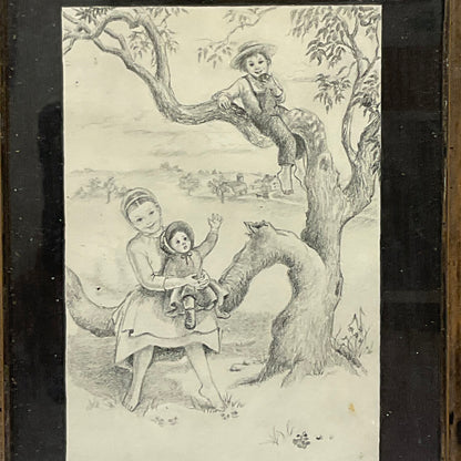 Mary Koski Artist Vintage 1966 Framed Pencil Art Sketch Children at Play
