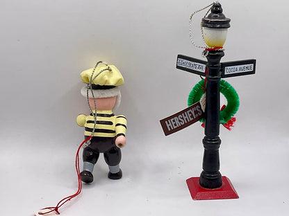 1990s Kurt S. Adler Hershey's themed Christmas tree ornaments Elf and Lamppost