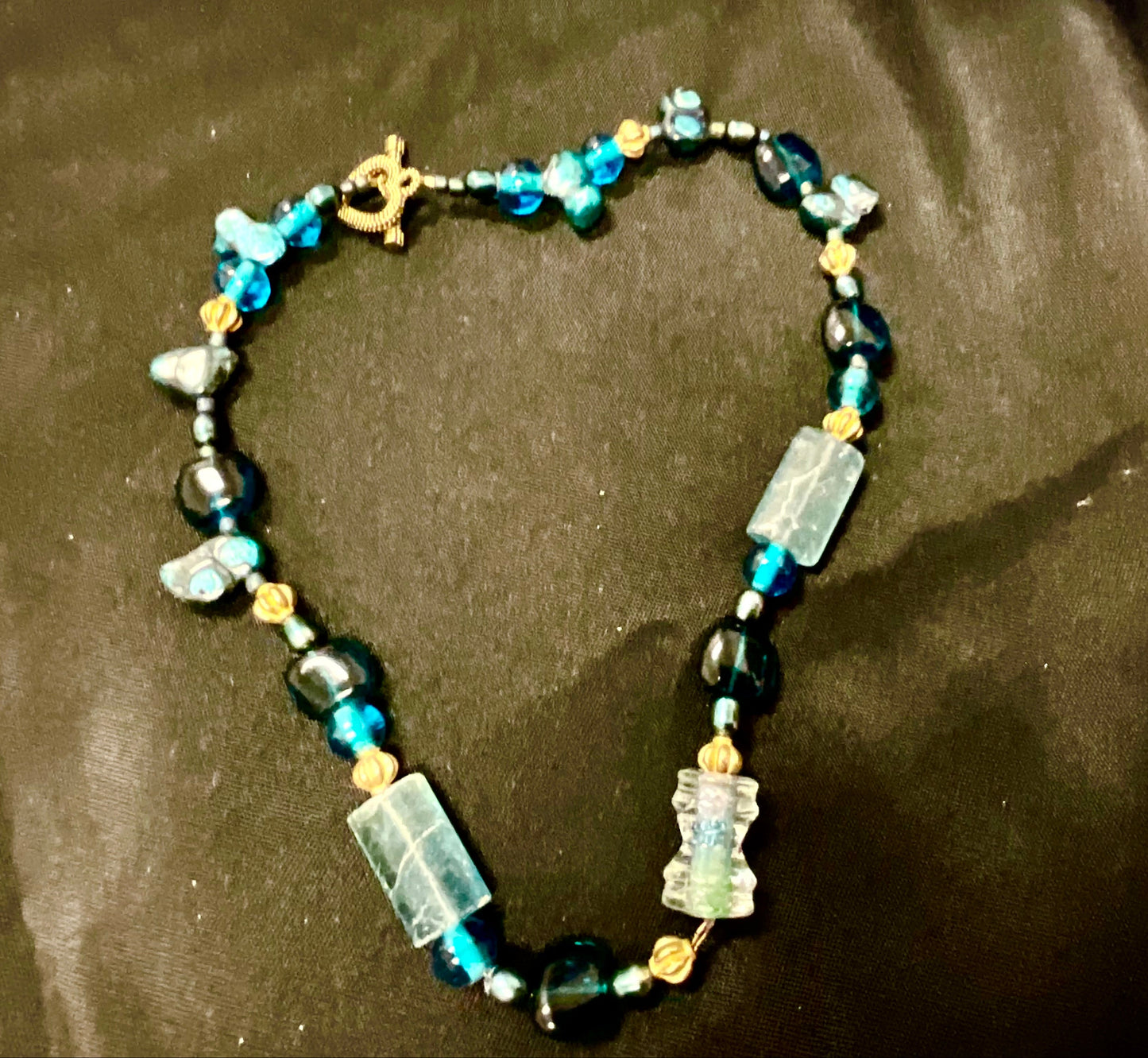 Teal & Blue Glass Beaded Necklace - Vintage Style, Statement Piece