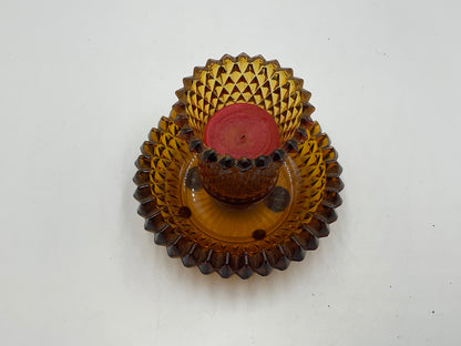 Set of 2 Vintage Diamond Cut Amber Glass Candle Holders