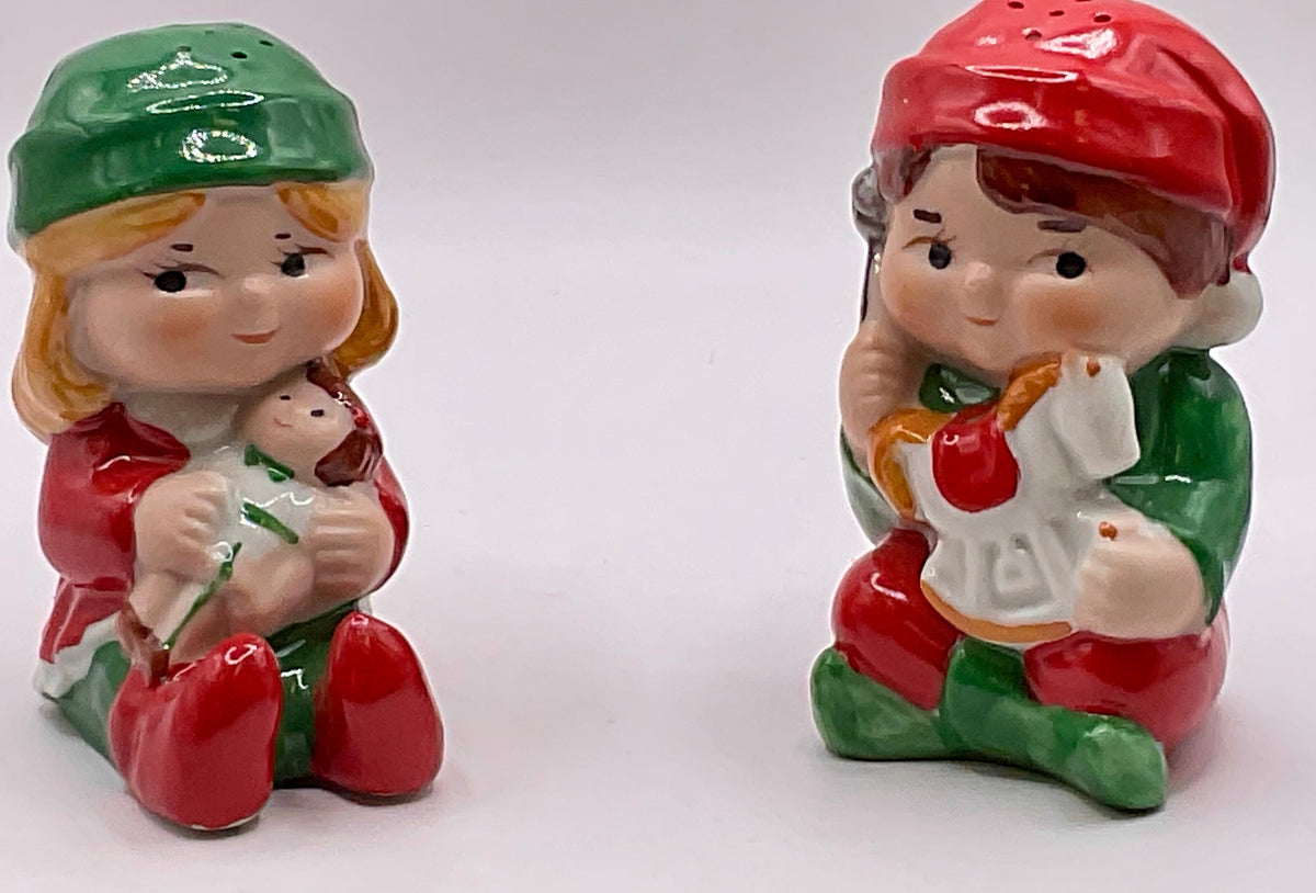 Claus & Company Porcelain Collection Santa's Helpers Salt Pepper Shakers Vintage Christmas Holiday Decor with Original Box