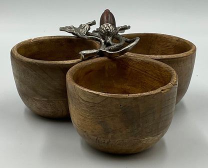 Mud Pie Mango Wood 3 Bowl Acorn Oak Leaf Nut Condiment Serving Set
