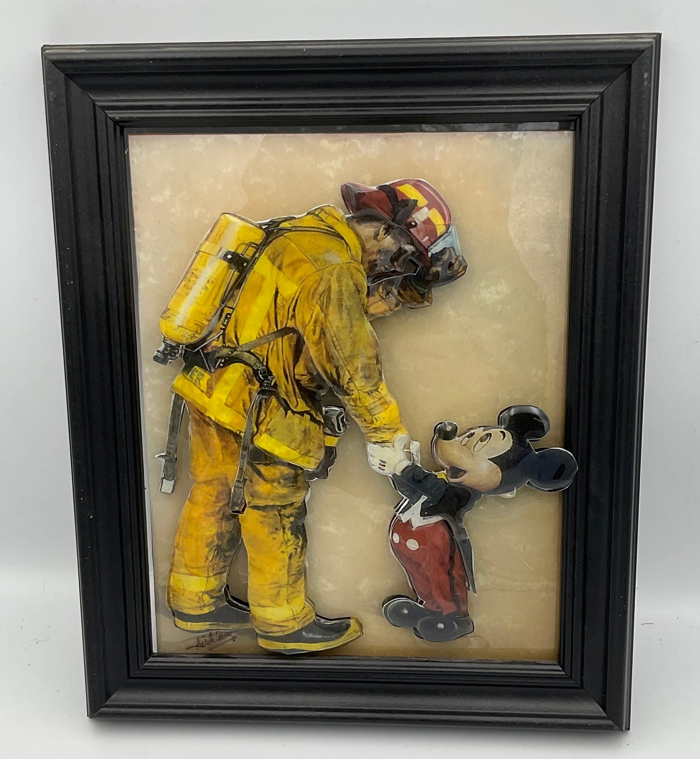 Disney Tribute to Firefighters Shaking Hands with Mickey Mouse Framed 3D Art