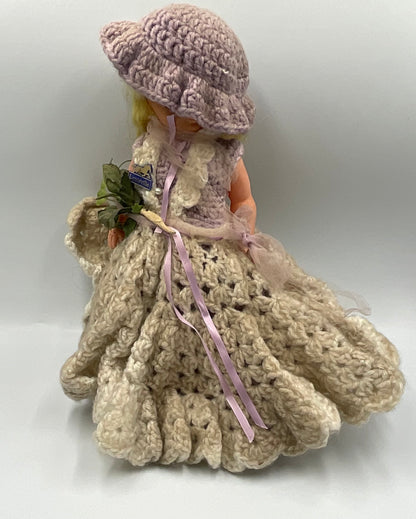 Vintage Doll Lavender Hand Crochet Victorian Dress Hat Handmade Outfit