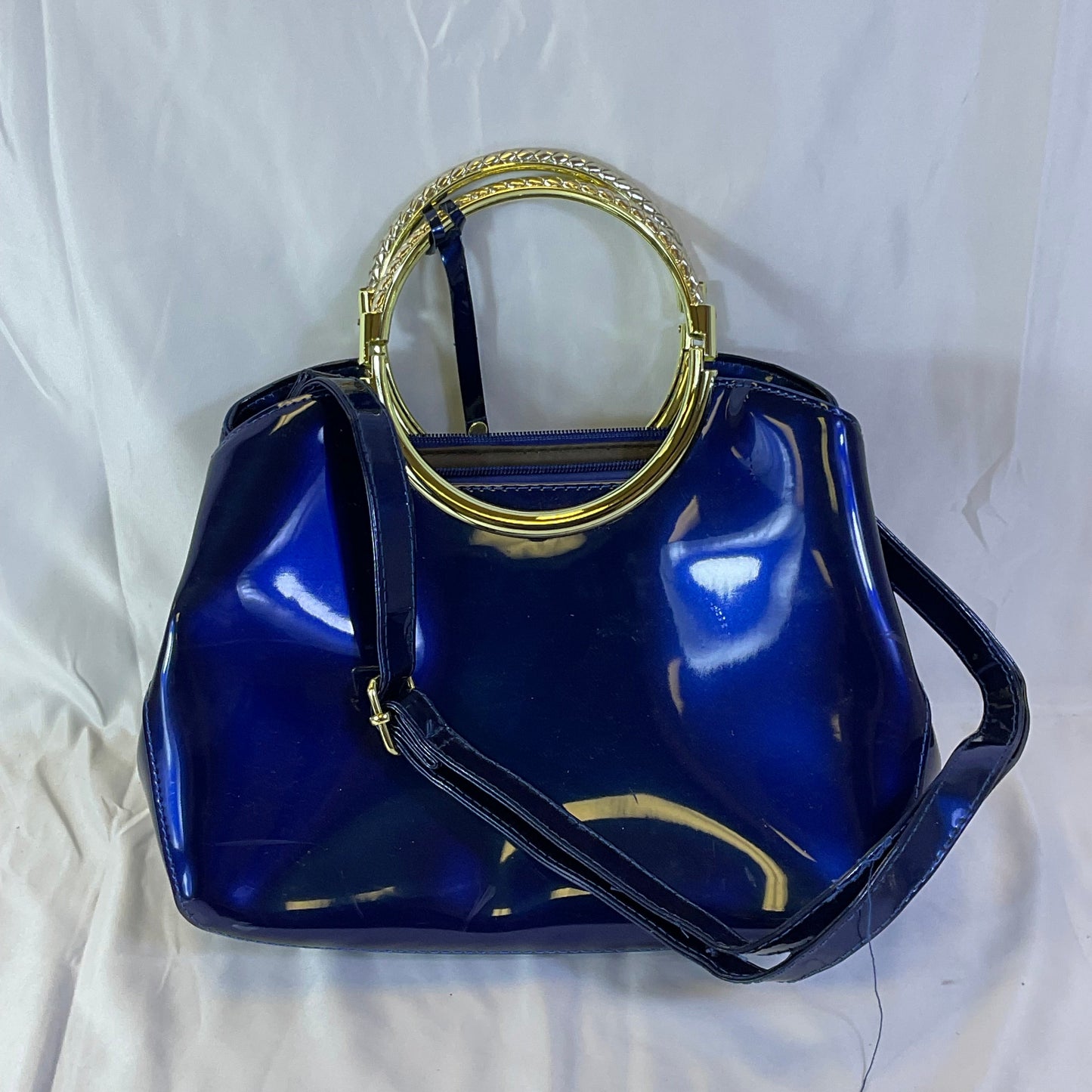 Royal Blue Patent Leather Style Goldtone Accent Zipper Tote Handbag