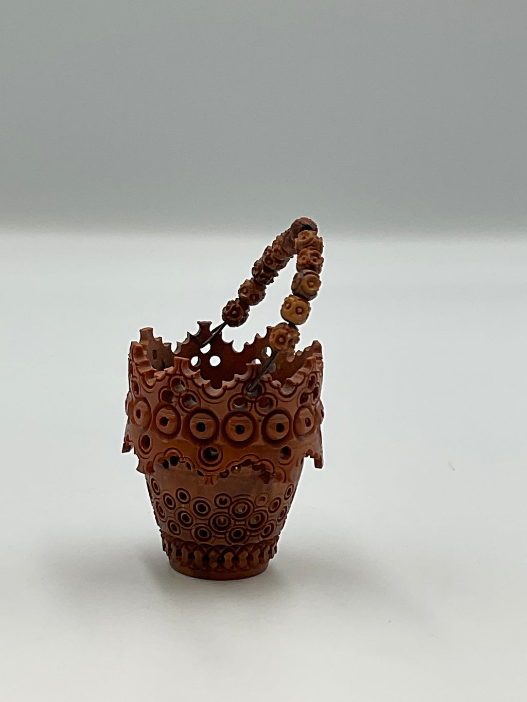 Miniature Coquilla Nut Basket Scalloped Beaded Handle