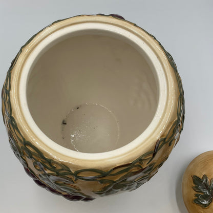 Meritage Ceramic Grape Vine Covered Canister Jar Raised Fruit Design