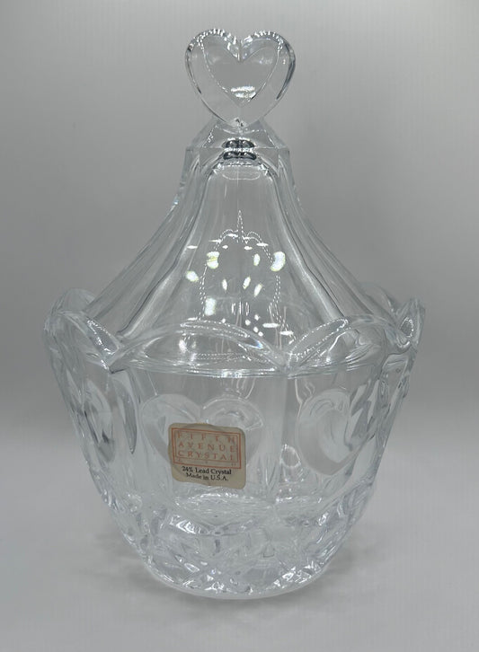 Fifth Avenue Crystal "Cherish" Candy Trinket Dish with Heart Shaped Lid Vintage 1970s